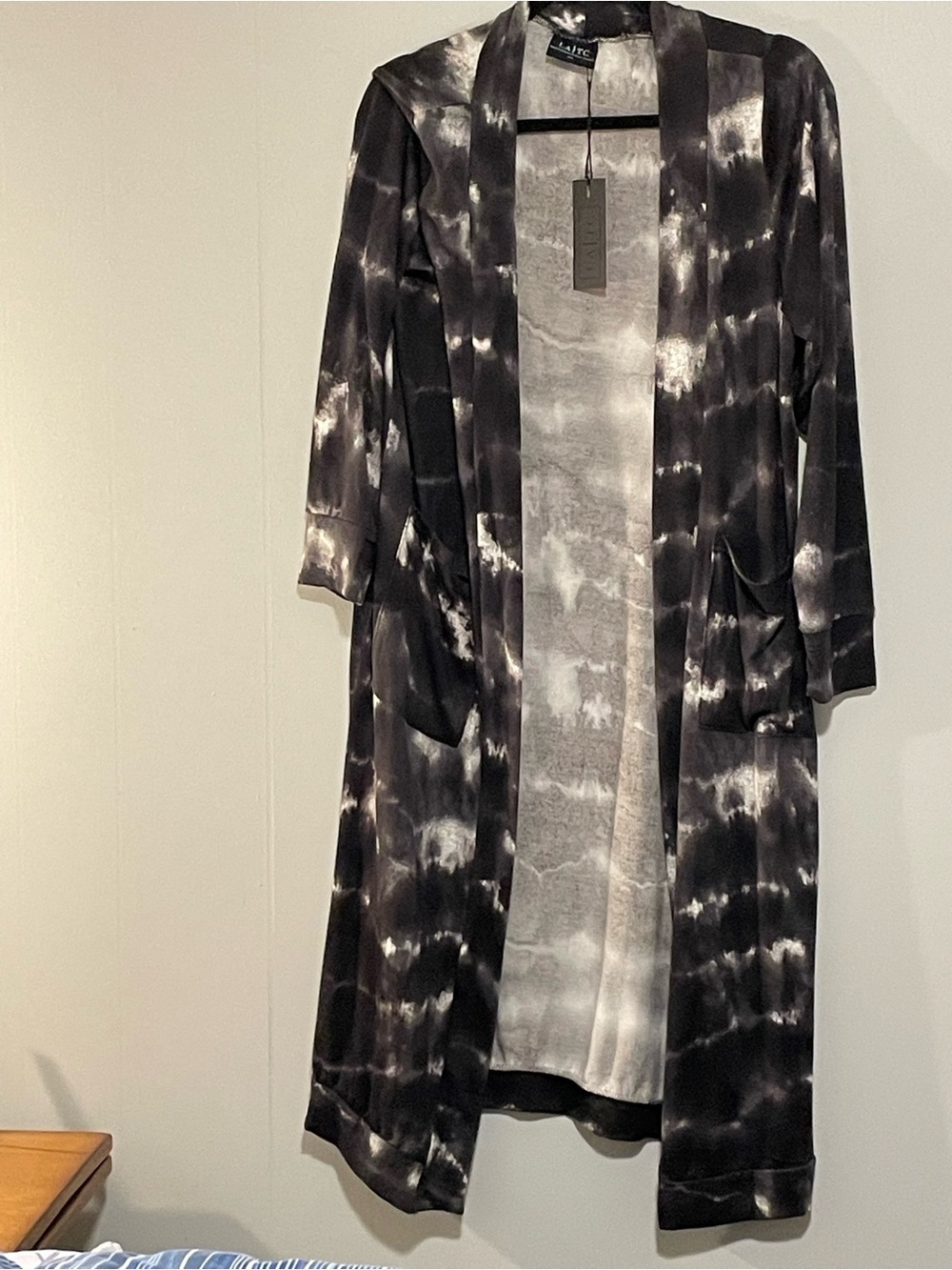 Tie-Dye Open Front Long Duster Coat - Black & Gray. Item # 11611